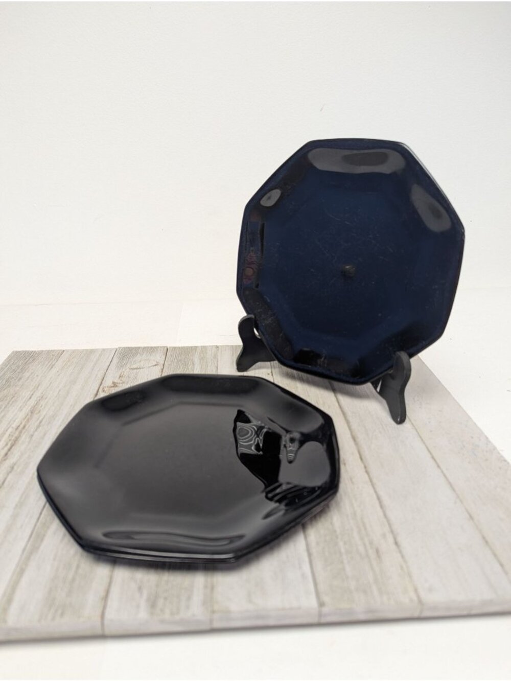 Set of 3 Arcoroc France Octime Black Glass Octagon Salad Plates 7 1/2"
